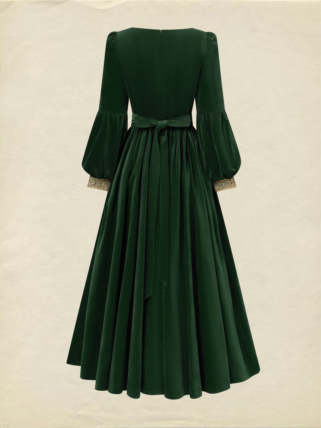 Maxi Cotton Dress, Long Sleeves, Square Neck, Plain, Lace, Vintage, Green