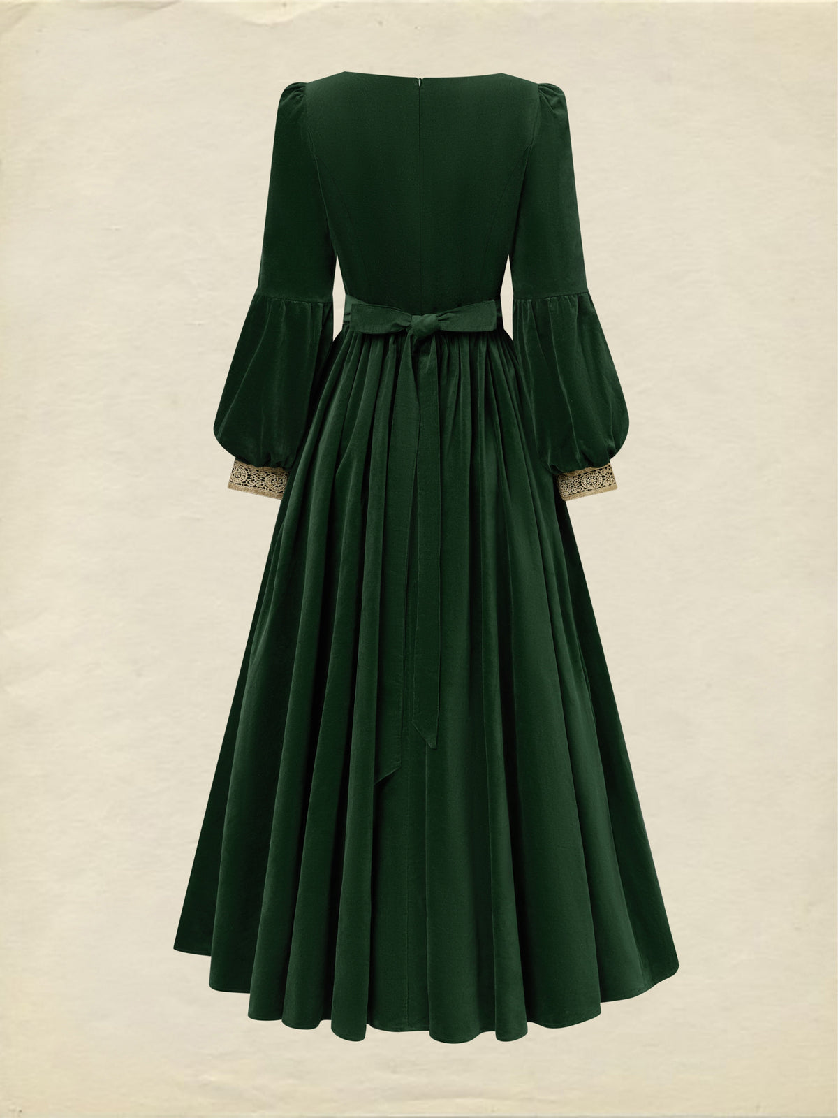 Maxi Cotton Dress, Long Sleeves, Square Neck, Plain, Lace, Vintage, Green