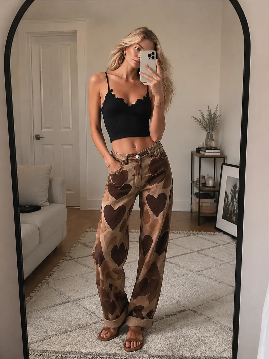 Retro Casual Heart Pattern Versatile Light Brown Denim Pants