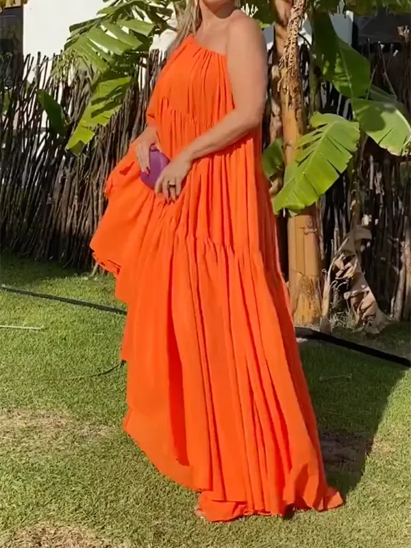 Asymmetric Pleated Solid Color Long Sleeves Loose One-Shoulder Maxi Dresses
