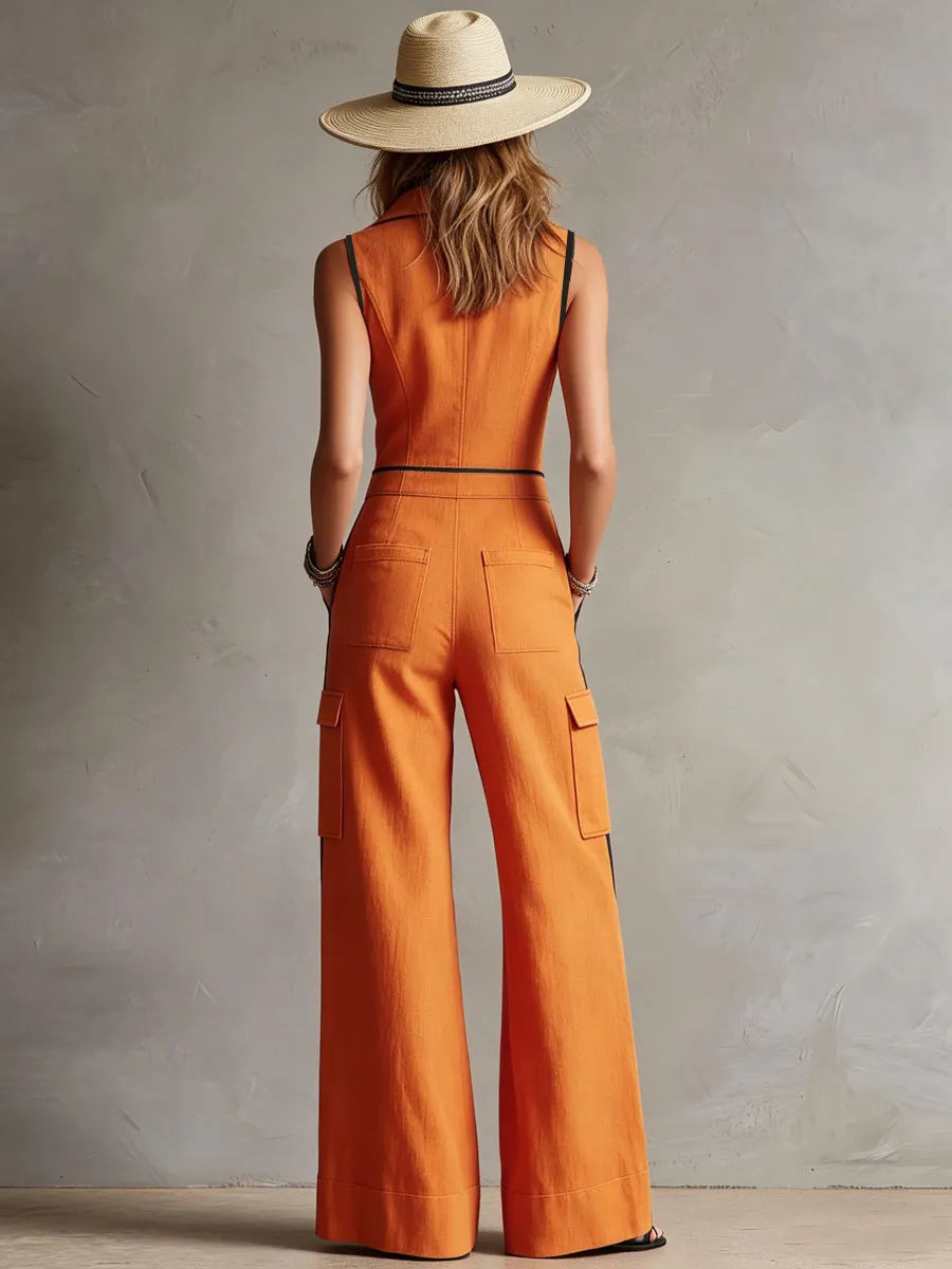Casual Retro Color-blocked Orange Cotton Linen Sleeveless Jumpsuit