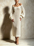 Cream Off Shoulder Open Knit Balloon Sleeve Maxi Dress