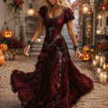 Women's Vintage Rose Art V-neck Short Sleeve Maxi Dress