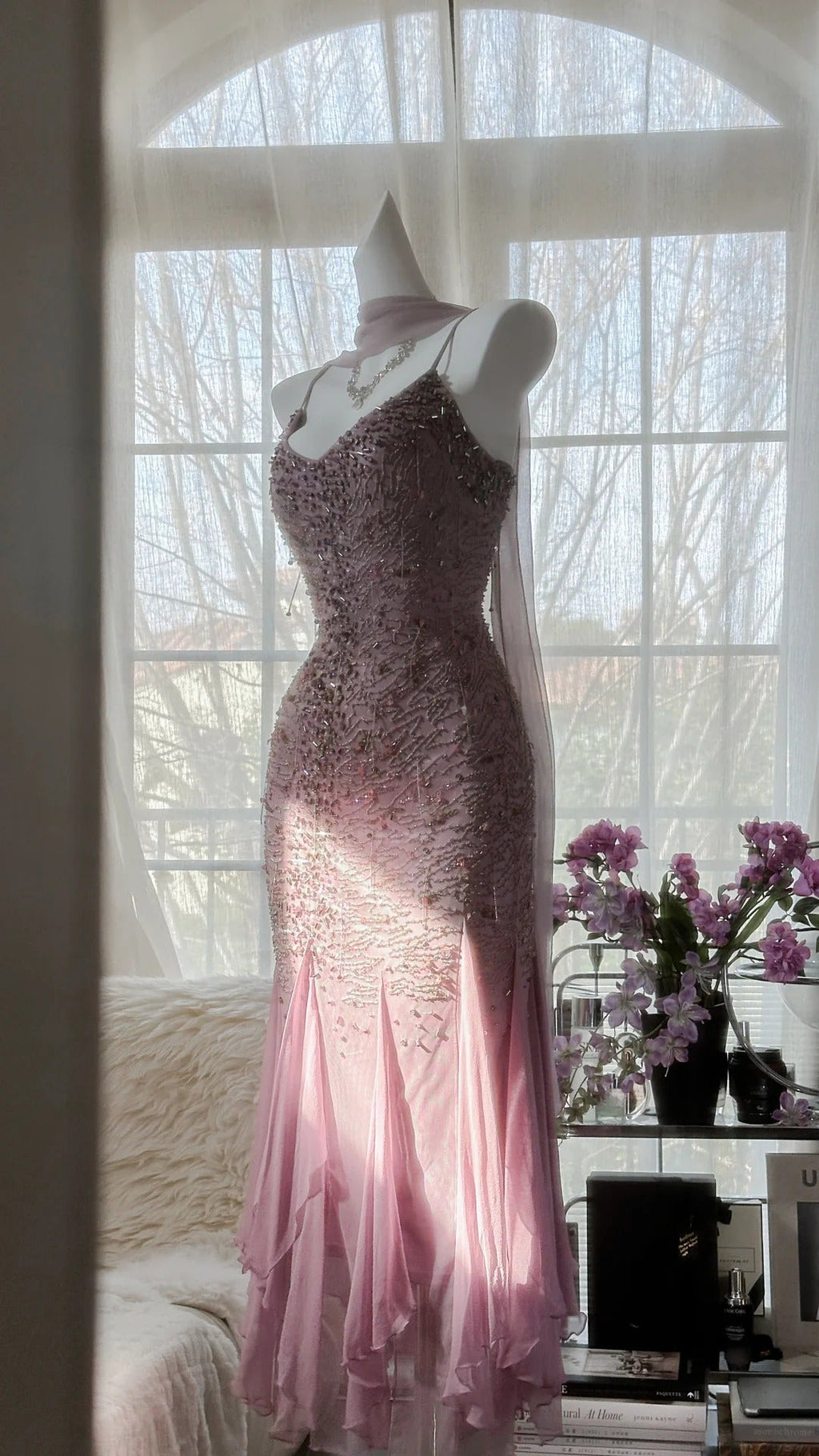 Pink Purple Elegant Romantic Exquisite Beaded Long Chiffon Ball Gown Evening Dress Birthday/Wedding Guest/Holiday Party Dress Prom Dress 4021
