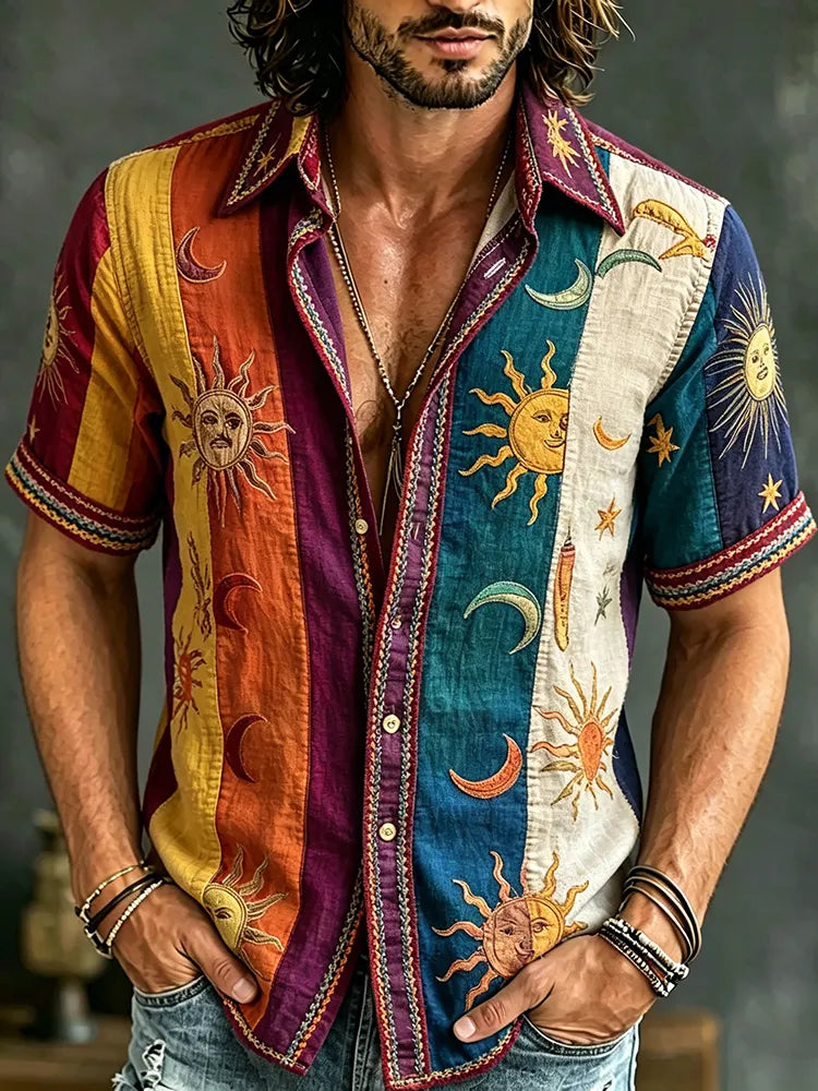 Men's Retro Hippie Sun Moon Star Patchwork Pattern Short-sleeve Cotton Linen Shirt