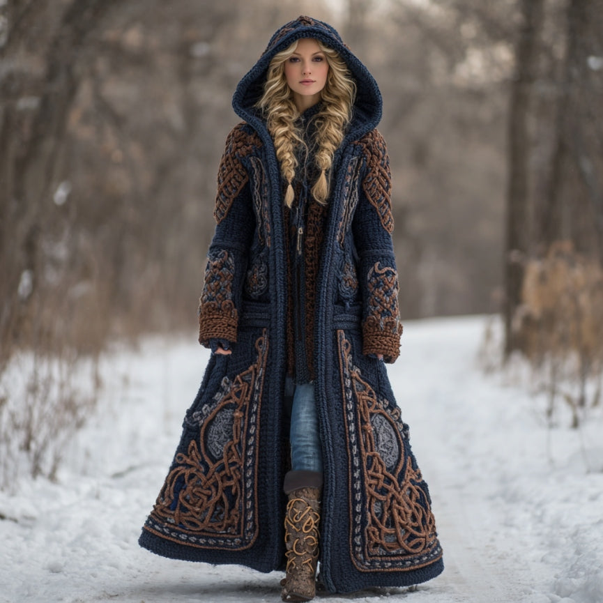 Women's Vintage Viking Celtic Knot Knit Long Sweater Jacket