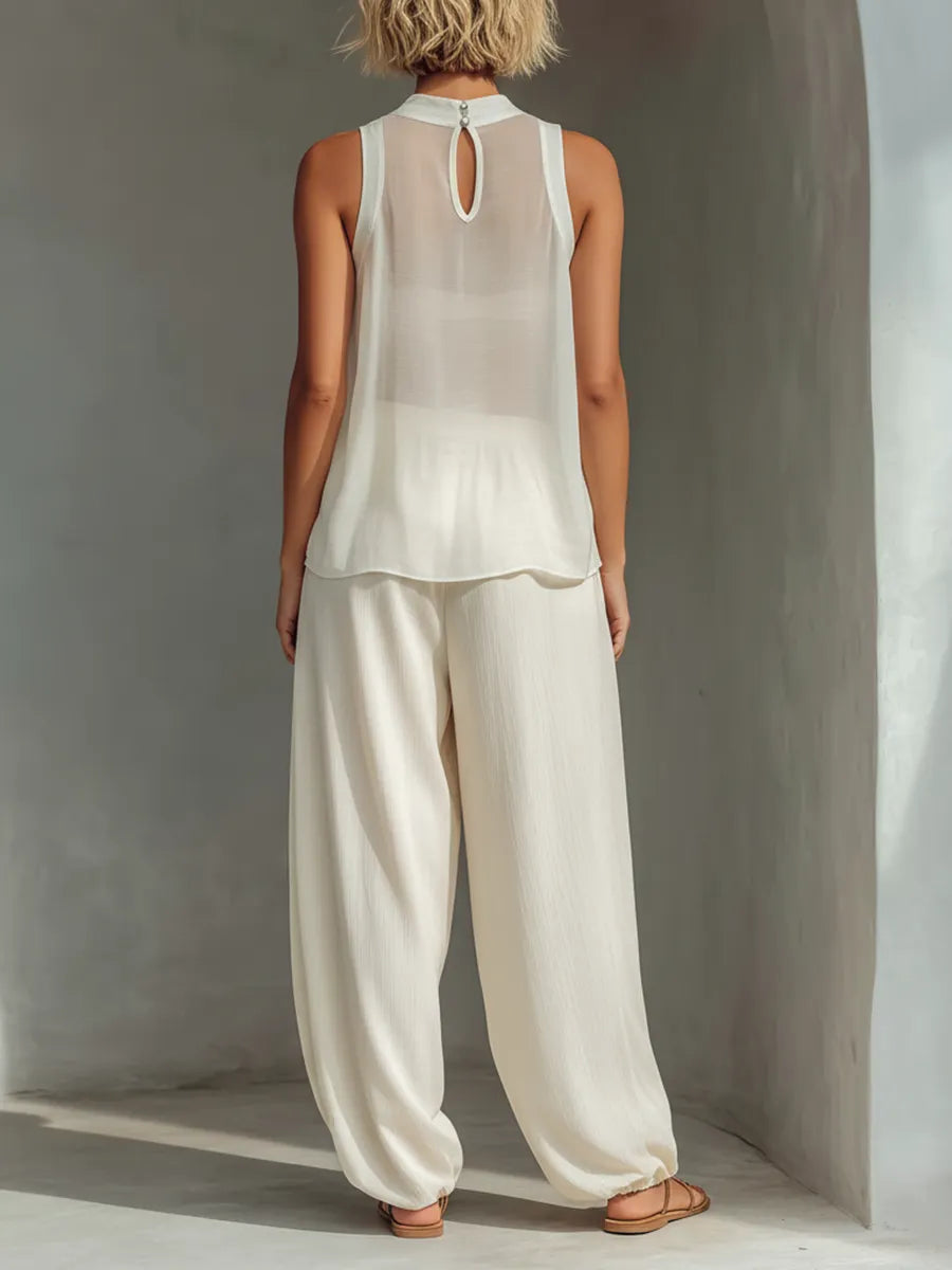 Women’s Cream Sheer Sleeveless High Neck Oversized Flowy Cami Top MDZ3000C3T
