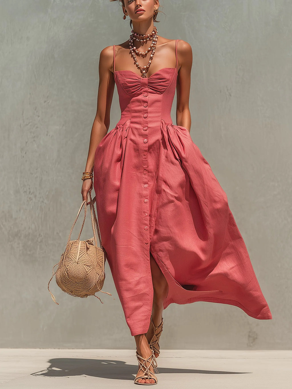 Peach Pink Linen Blend  Maxi Dress
