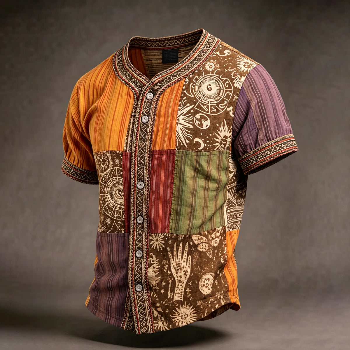 Men's Retro Ethnic Patchwork Short-sleeve Cotton Linen Shirt