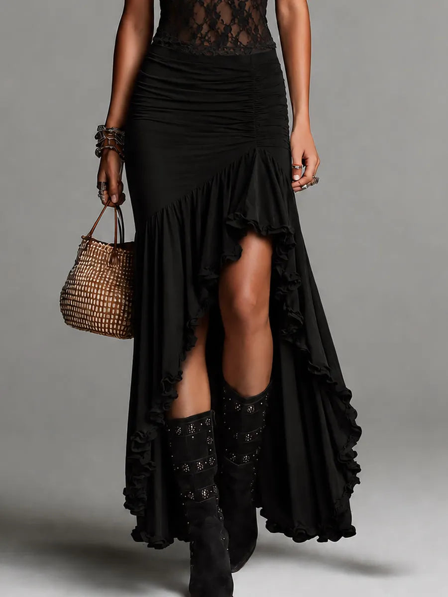 Boho Lace-panel High Slit Ruffle Trim Maxi Dress