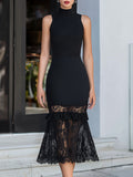 High-Neck Lace Panel Mermaid Midi Dress