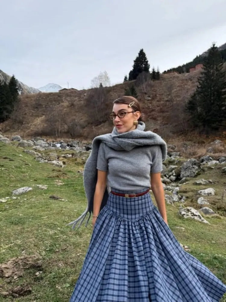 Navy Plaid High-Waist A-Line Skirt