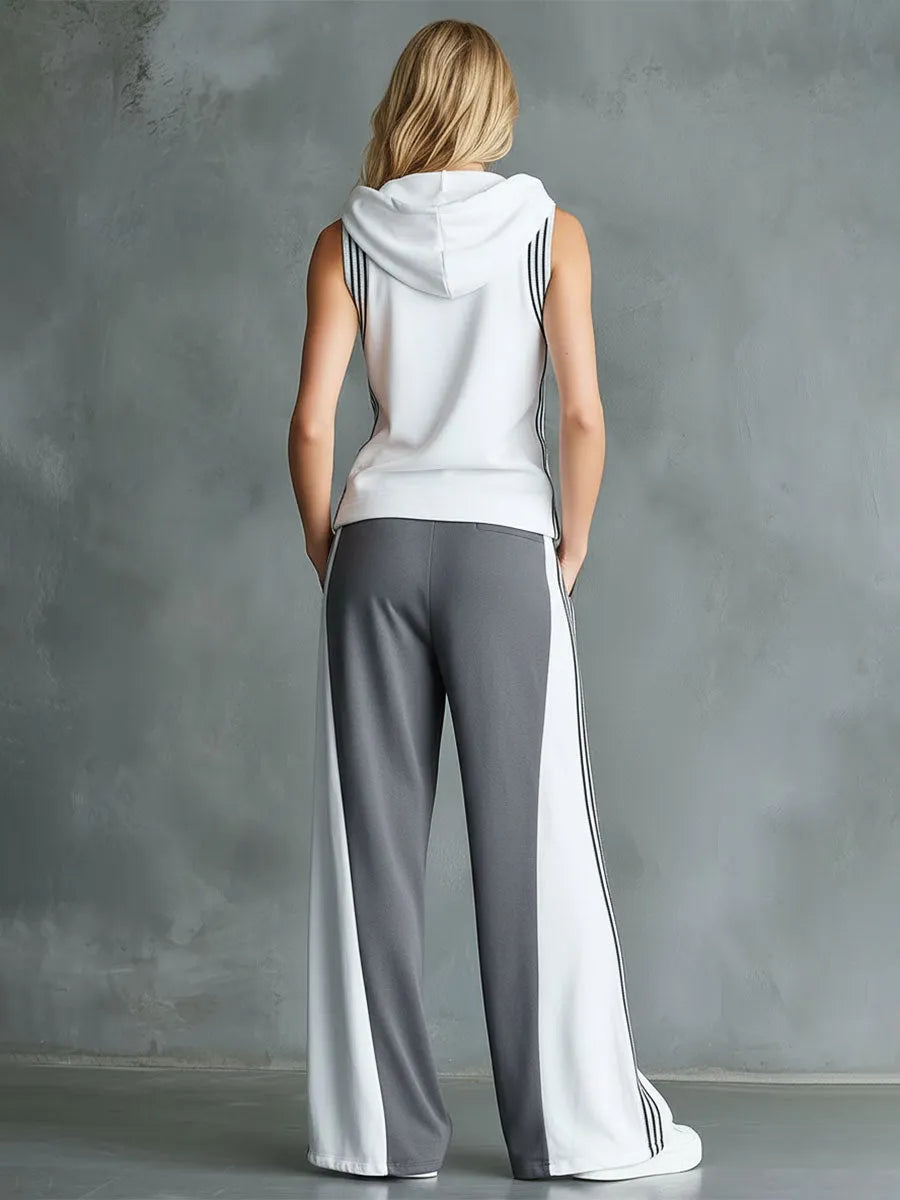 Casual Sporty Color-Block Hooded Sleeveless Top And Wide-Leg Pants Set