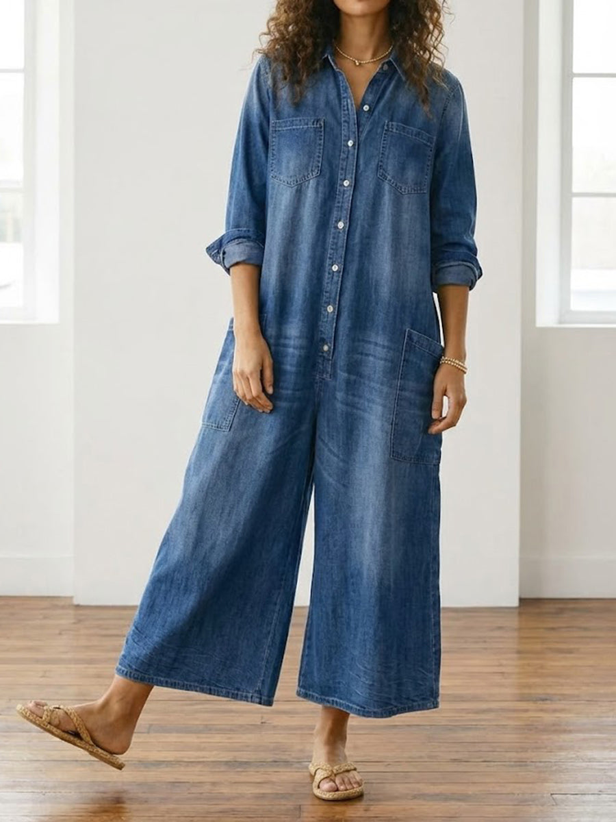 Denim Jumpsuit Women Cotton Button Front Vintage Washed