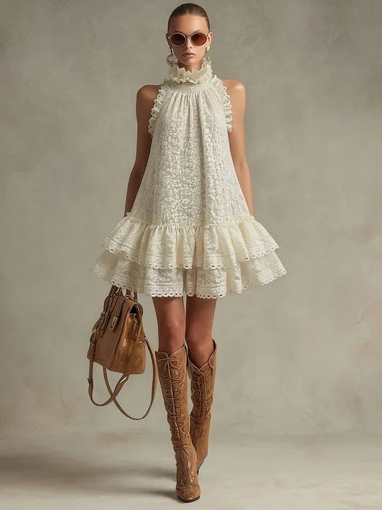 Vacation Retro Beige Lace Sleeveless Ruffled Mini Dress