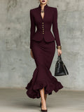 Burgundy Ruffled Hem Top and Skirt Set with Gold-Tone Buttons