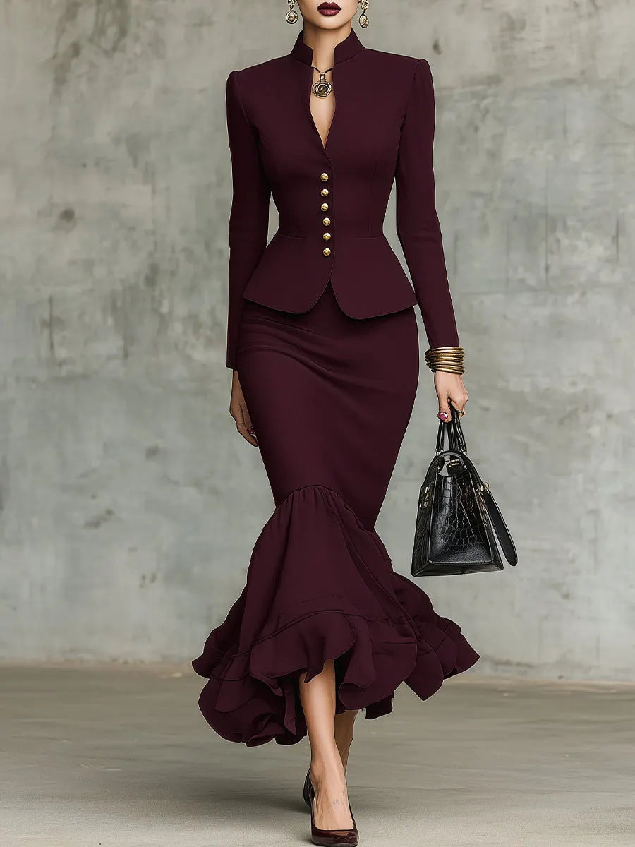 Burgundy Ruffled Hem Top and Skirt Set with Gold-Tone Buttons