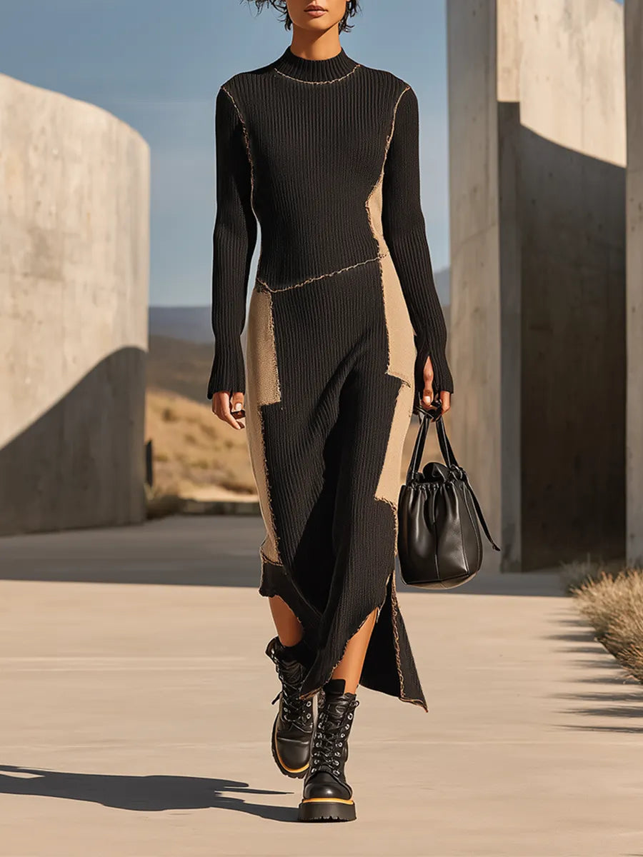 Women's Black Khaki Ribbed Knit Maxi Dress With Raw Edge Patchwork & Mock Neck, Streetwear Irregular Split Bodycon Sweater Maxi Dress MDZ2744G4LYL