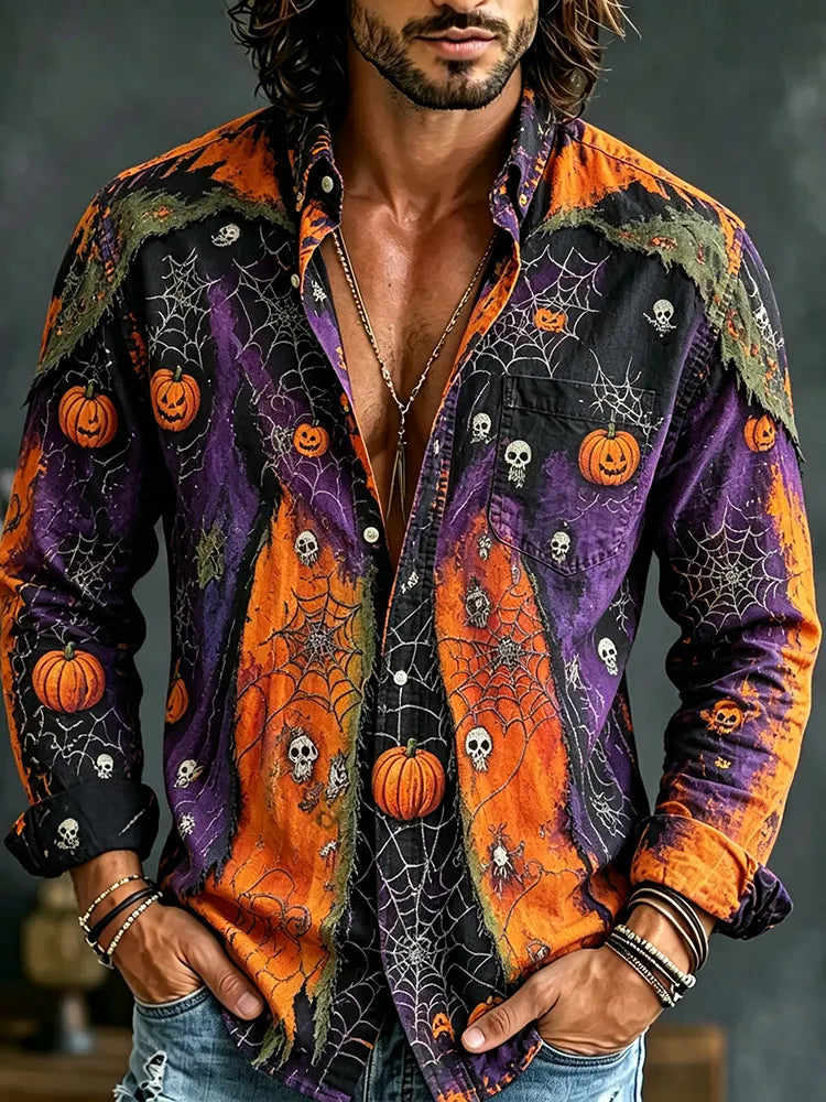 Men's Retro Halloween Color-blocked Spider Pumpkin Skull Print Long-sleeve Cotton Linen Shirt