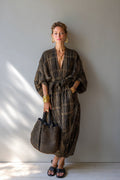 Women's Brown Plaid Tie-Waist Longline Duster Kimono