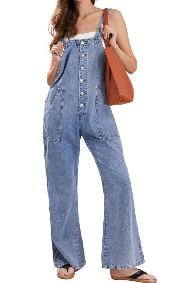 Casual Denim Jumpsuit for Women Overalls Wide Leg Jumpsuit Jeans Denim Bib Overalls Dungaree Pockets