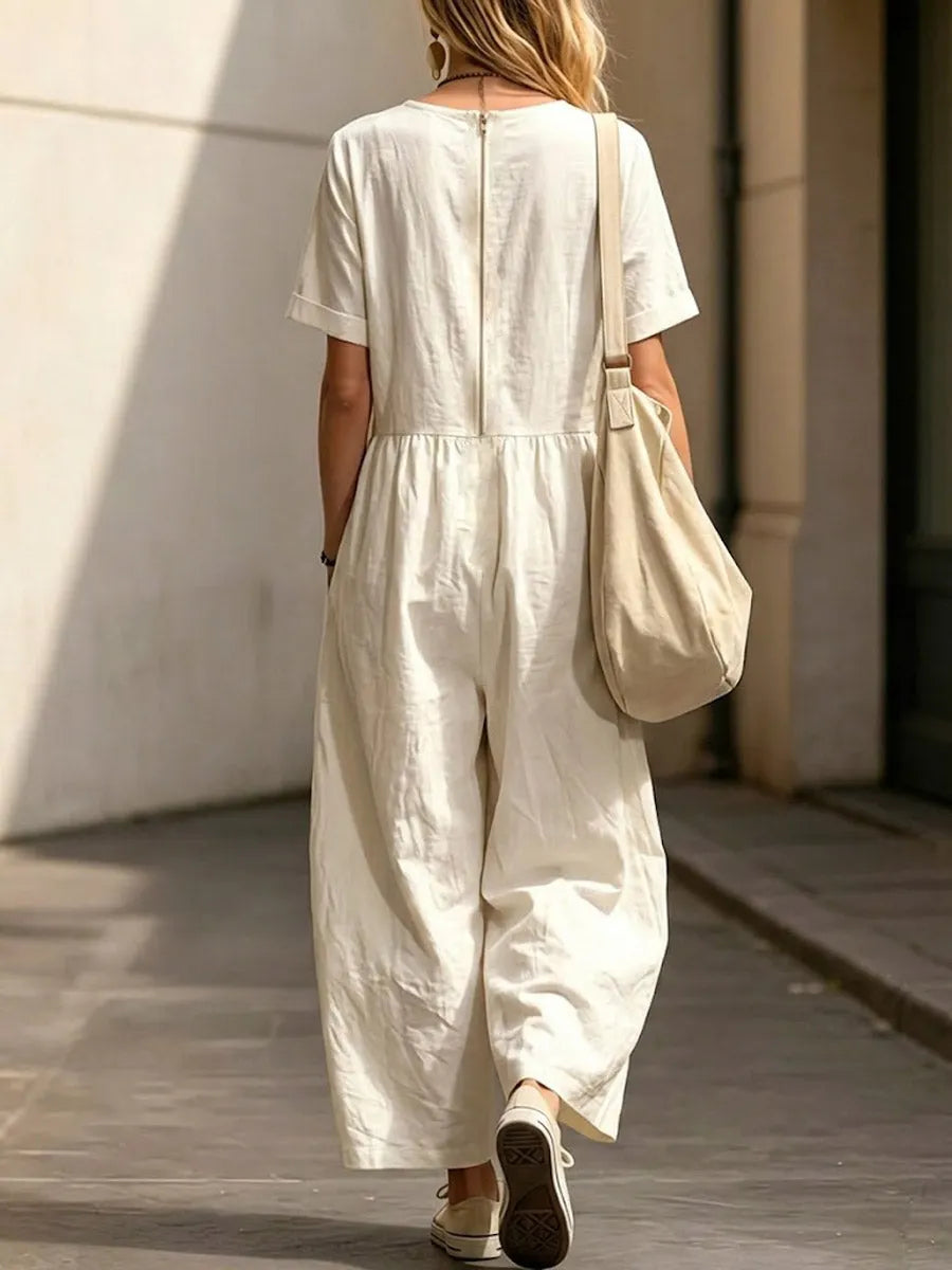 Women's Art Casual Stylish Elegant Short Sleeve Cotton Linen Jumpsuit
