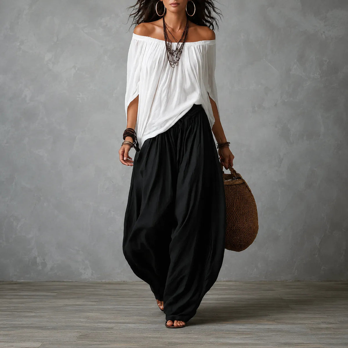 Solenza – Off-Shoulder Boho Top and Lantern Pants Set for Women