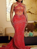 Halter-Neck Beaded Embroidered Sexy Evening Maxi Dress