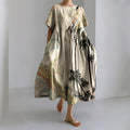 Women's Vintage Japanese Art Print Short Sleeve Midi Dress