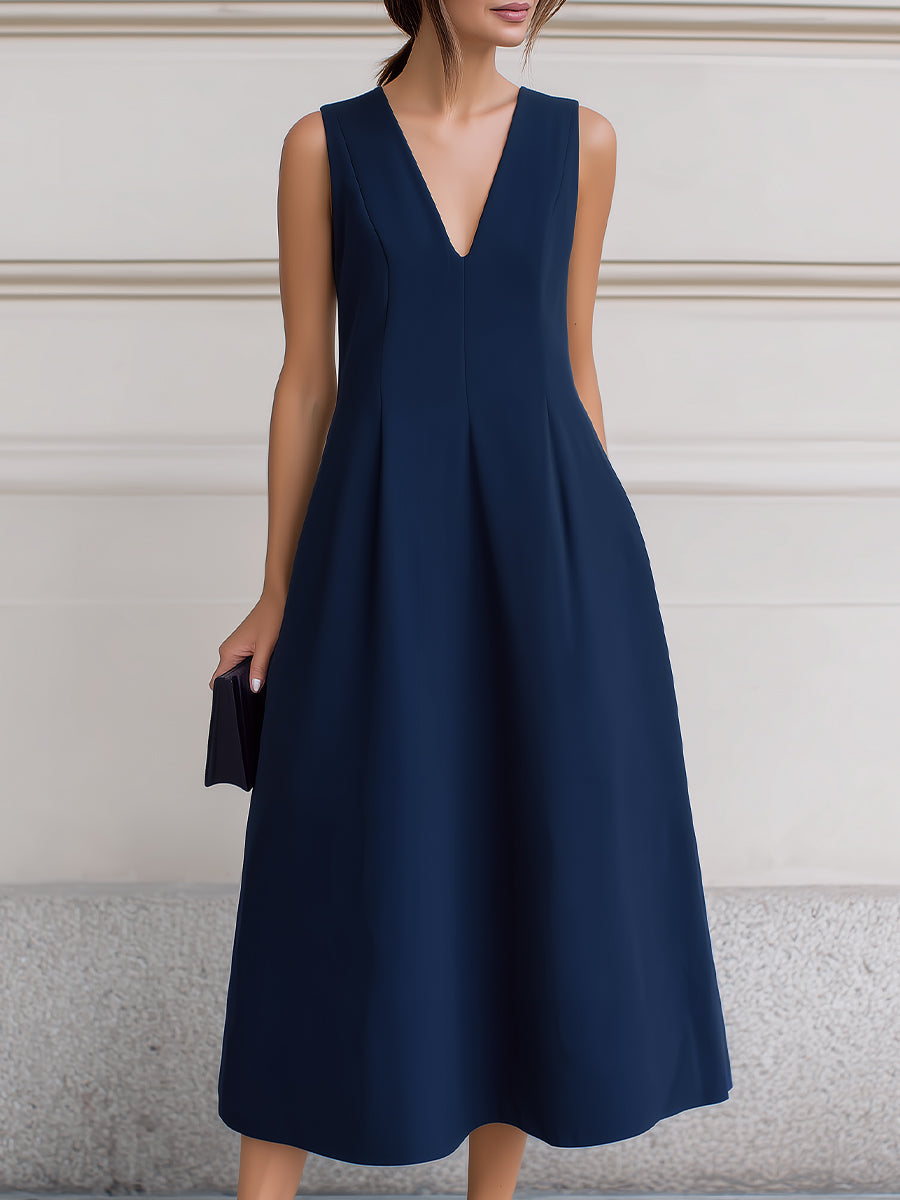 Sleeveless Deep V-Neck Inverted Pleat A-Line Midi Dress