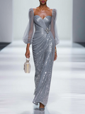 Silver Gray Buckle Glitter Sequin Sweetheart Neckline Long Sleeve Sheath Maxi Dress