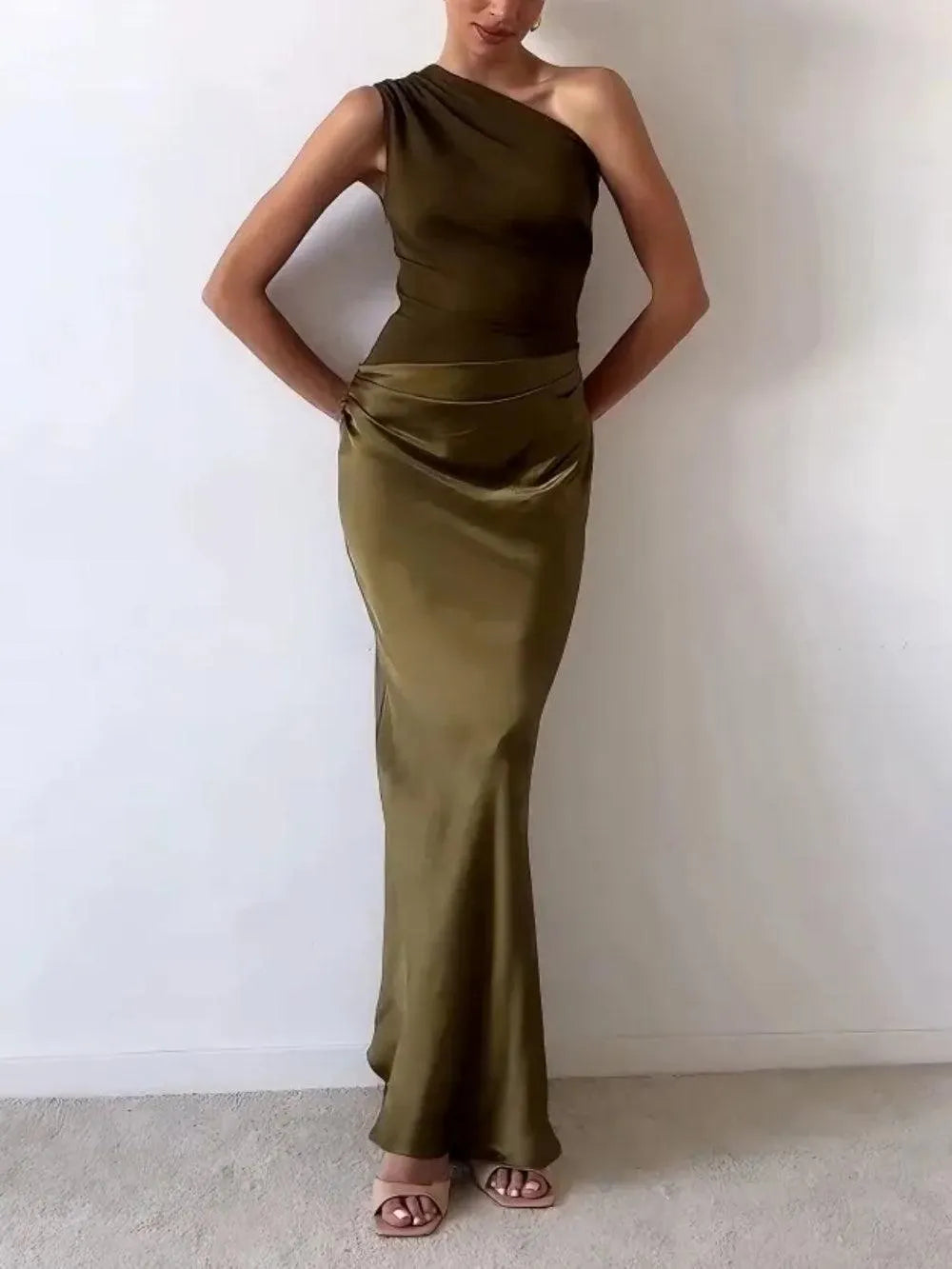 One Shoulder Neck Pleated Party Maxi Dress