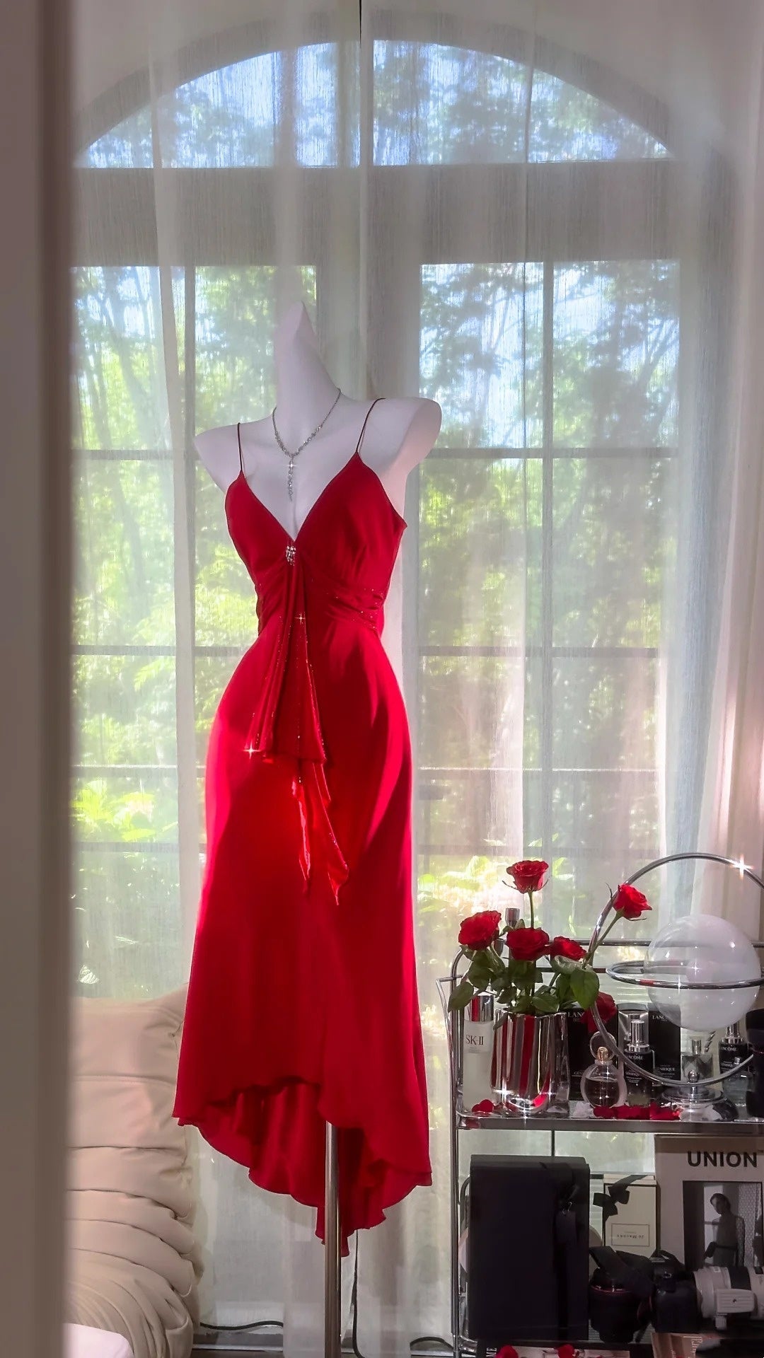 Red Fashion Sexy Elegant Satin Long V Neck Prom Dress Evening Dress Wedding Party Dress