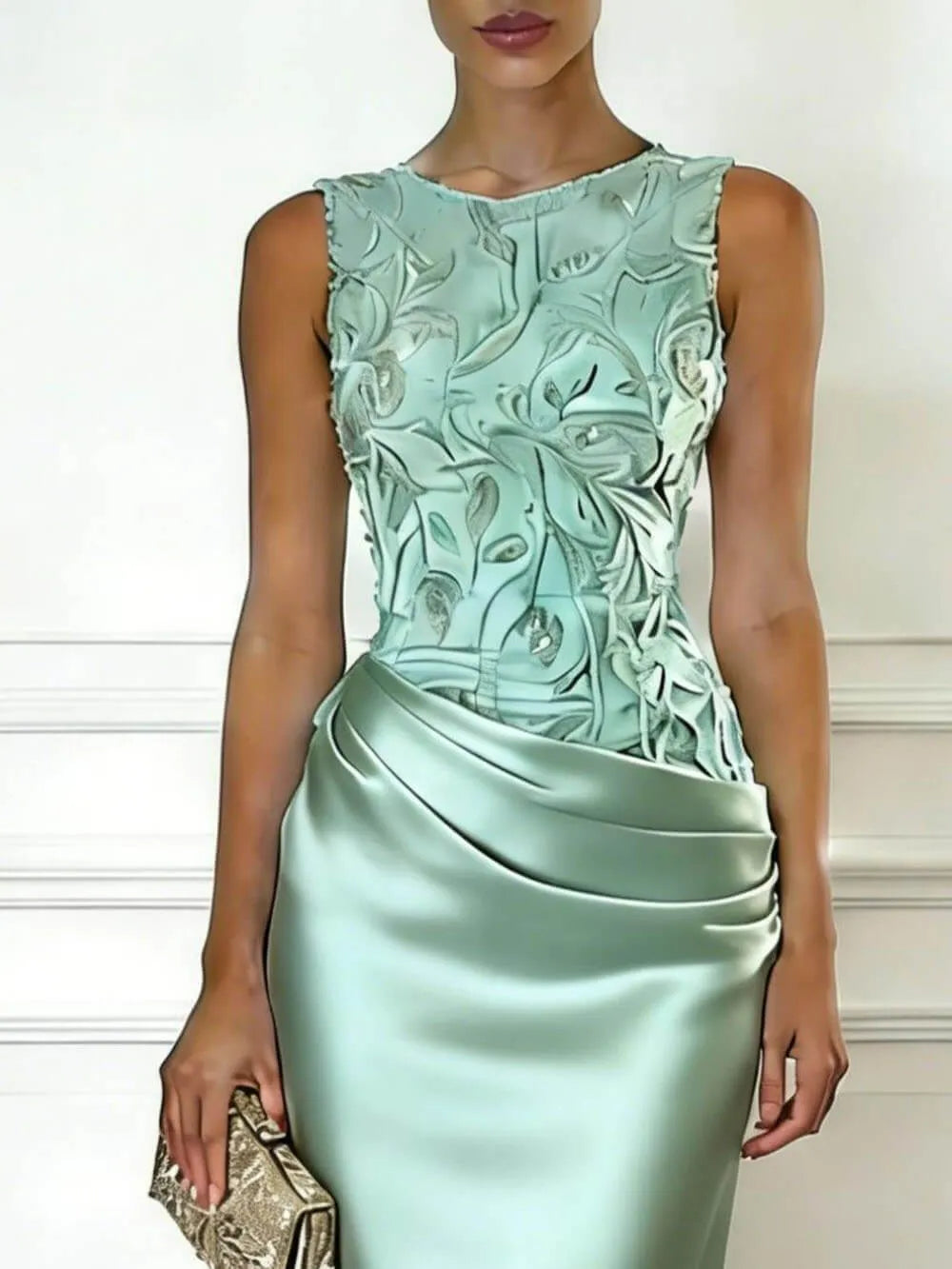 Elegant Blue Embroidery Satin Crew Neck Sleeveless Sheath Maxi Dress