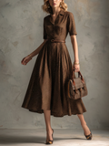 Women's Vintage Brown Cotton-Blend Polka Dot Waisted Shirt Midi Dress MDZ2138D3GMJ