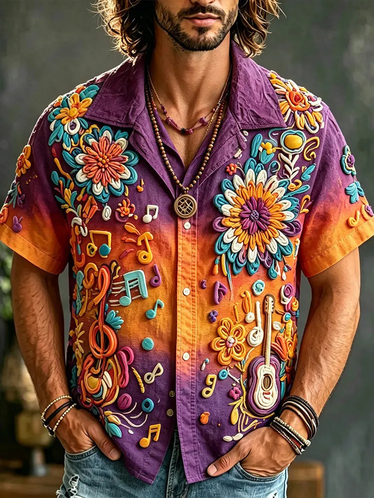 3d Textured Floral & Music Note Embroidery Button Down Shirt, Retro Boho Gradient Color Short Sleeve Camp Shirt For Men