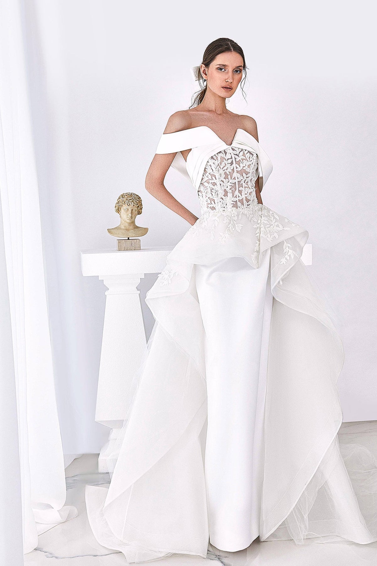 Off shoulder wedding dress with ruffles