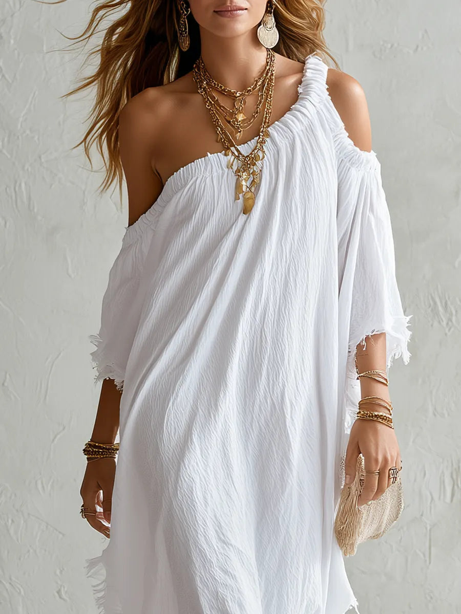 Effortless White One Shoulder Textured Maxi Dress