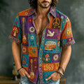 Men's Retro Peace Sign And Guitar Hippie Patchwork Print Short-sleeve Shirt