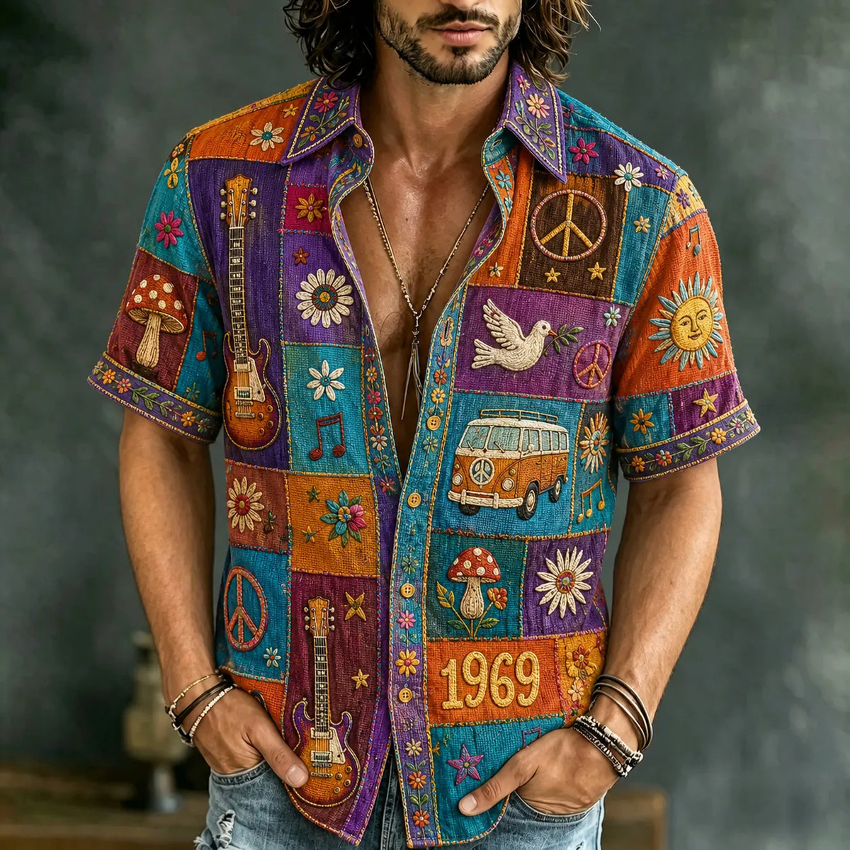 Men's Retro Peace Sign And Guitar Hippie Patchwork Print Short-sleeve Shirt
