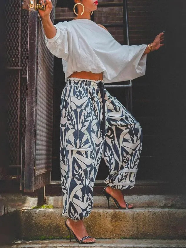 High Waist Casual Geometric Regular Fit Pants