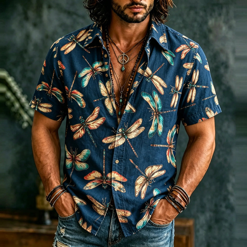Men's Retro Hippie Dragonfly Pattern Art Casual Shirt
