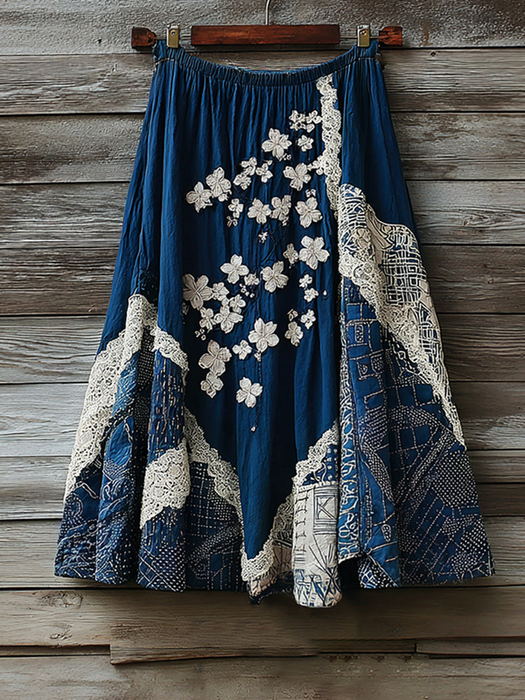 Vintage Japanese Traditional Sashiko With Sakura Art Pattern Linen Blend Casual Skirt