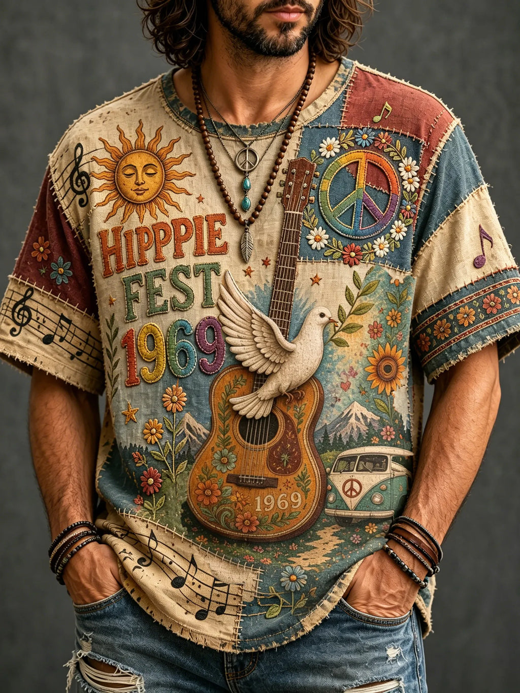 Men's Hippie Music Pigeons With Guitar Patchwork Pattern Print T-shirt