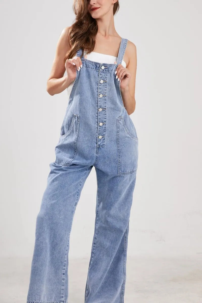 Casual Denim Jumpsuit for Women Overalls Wide Leg Jumpsuit Jeans Denim Bib Overalls Dungaree Pockets