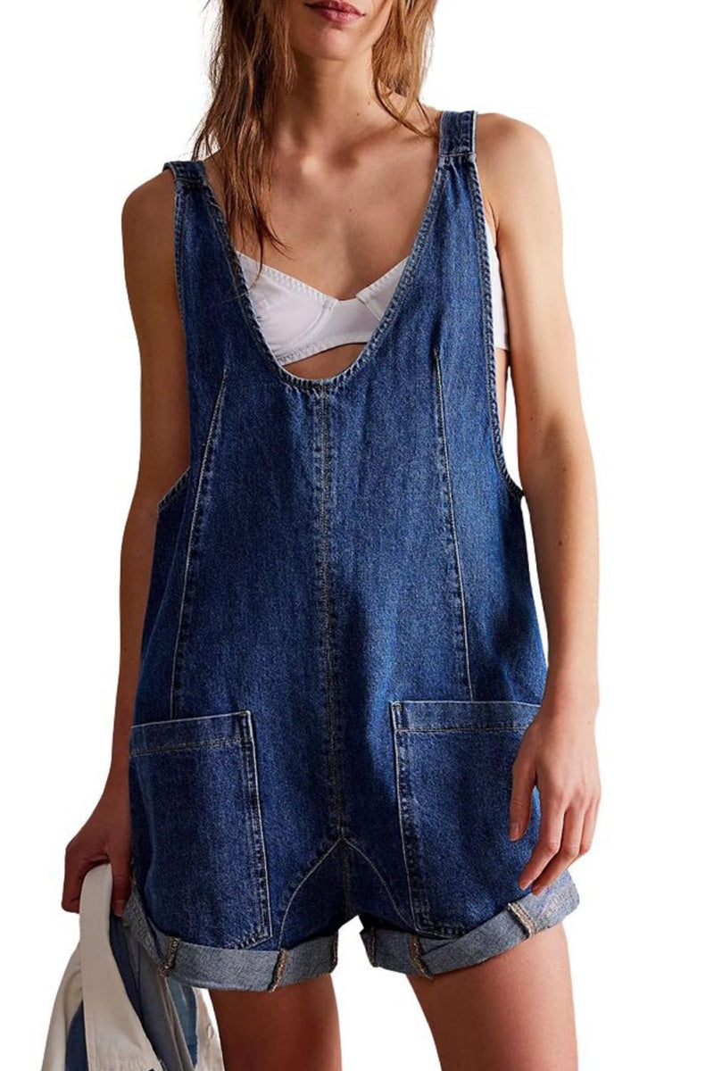 Women Casual Denim Short Overalls Rolled Cuff Barrel Shorts Jumpsuit Rompers