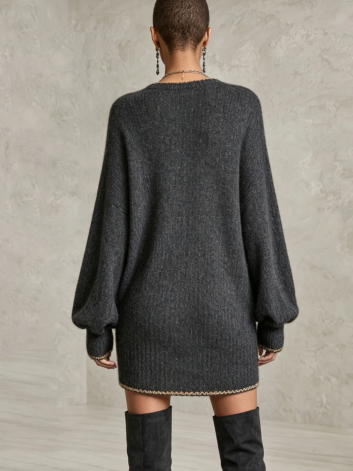 Oversized Gray Metallic Trim Knit Mini Dress