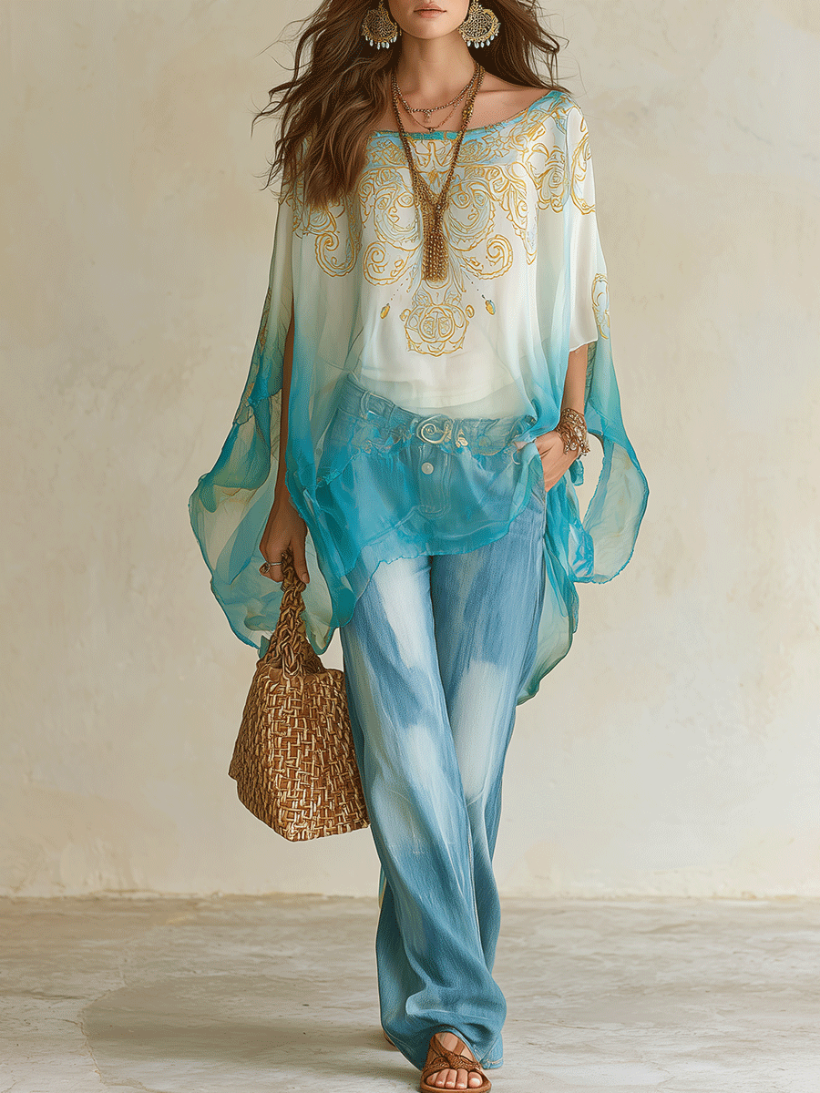 Effortless Coastal Breeze Turquoise Ombre Sheer Blouse