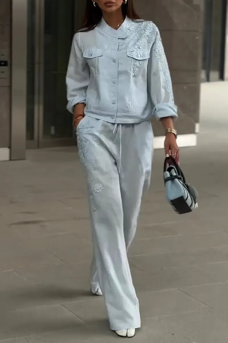 Women Round Neck Embroidered Patterned Jacket or Wide Leg Pants