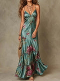 Vintage Floral Satin Cami Tiered Ruffle Maxi Dress
